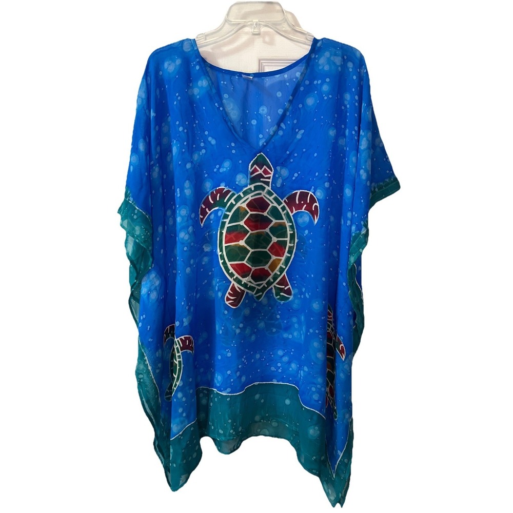 V-Neck Women's Short Blue Relaxed Oversized Turtle Print Swim Cover-up